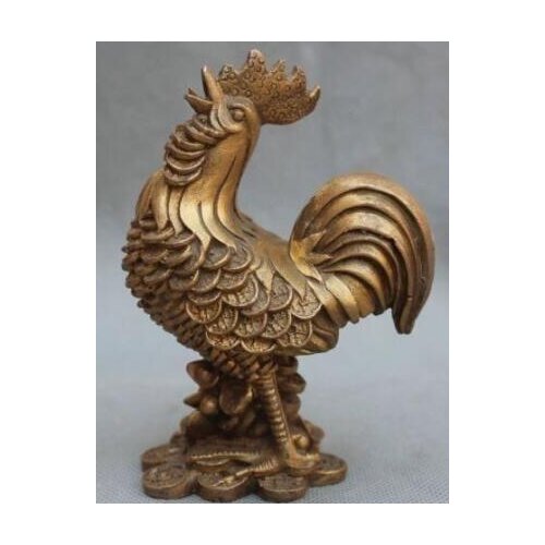 S04051 China Fengshui Bronze Zodiac Year Animal Rooster Cock yuanbao coin Wealth Statue