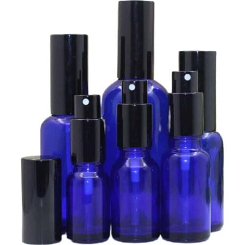 Blue Glass Spray Lotion Pump Bottle Black Cap Cosmetic Packing Empty Perfume Atomizer Vials 10ml 15ml 20ML 30ml 50ml 100ml 15pcs