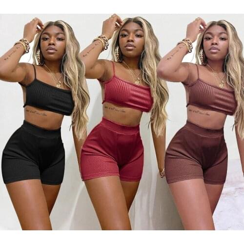 Casual Sportswear Fitness Knitted Rib Shorts 2 Piece Outfits Sexy Backless Bandage Crop Top + Shorts Slim Club Two Piece Set