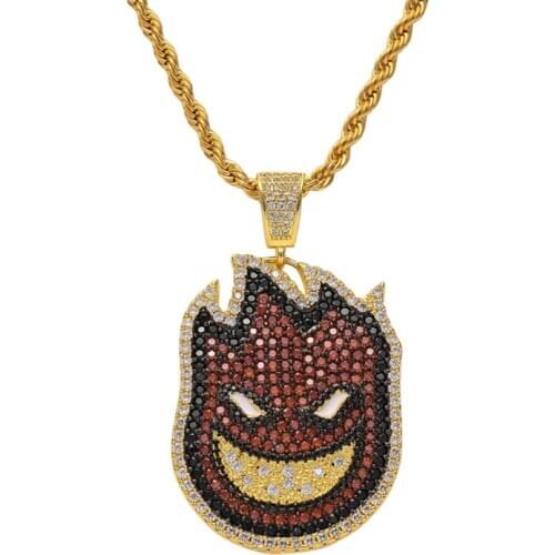 Rhinestone Necklace Ice Out Cubic Zircon Cartoon Two-Sided Little Fire Man Pendant Gold Silver Color Charm Chain Jewelry