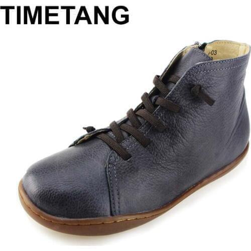 TIMETANG Boots Women Shoes Hand-made Genuine Leather Ankle Boots for Women Square toe Zip Ladies Boots Female C237