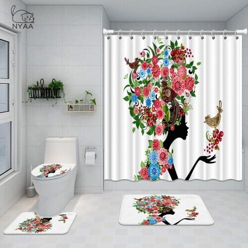 Pretty African American Black Girl White Shower Curtains With Mat Set Butterfly Bathroom Waterproof Fabric For Bathtub Decor