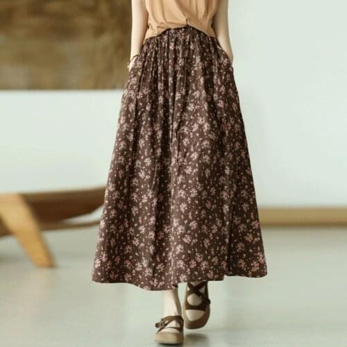 Johnature Women Cotton Linen Skirt Vintage Elastic Waist Print Floral Loose Patchwork Clothing 2021 Autumn New Casual Skirts