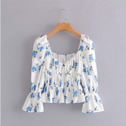 Evfer Summer Chic Lady Vintage Square Collar Long Flare Sleeve Blouse Women Fashion Blue Flower Print Elastic Waist Ruffles Tops