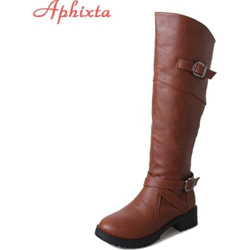 Aphixta Large Size 43 Knee-High Women Long Boots Shoes Woman Buckle Leather Square Heeled Boots Heel Round Toe Short Plush Boots