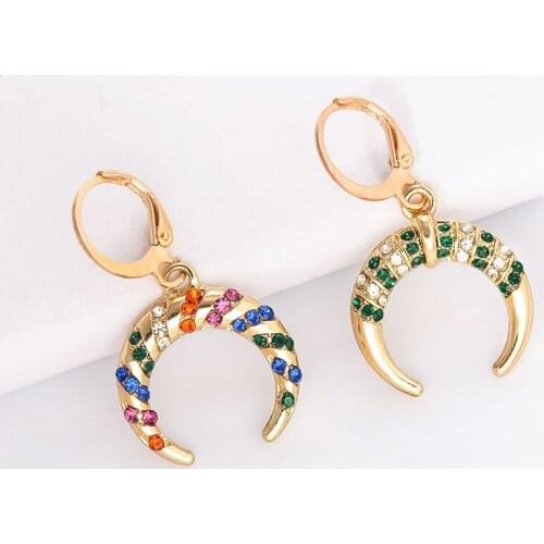 1 pair Ethnic Bohemian Moon Rhinestone Crystal Drop Earrings for Women Tribal Style Ox Horn Crescent Earrings Jewelry