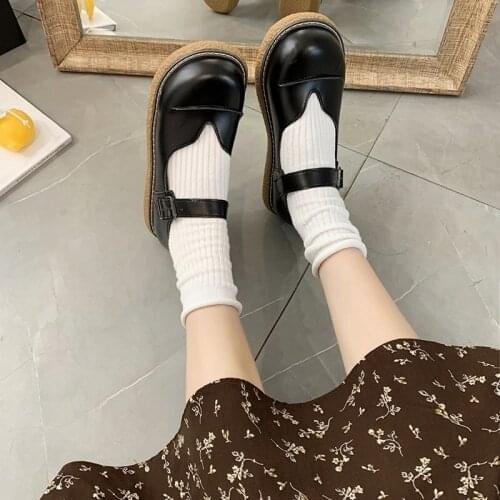 2021 Spring Lolita Shoes Ankle Strap Woman Flats Black Mary Janes Shoes Girls Casual Shoes Platform Shallow zapatos mujer 8935G