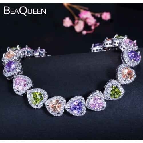 BeaQueen Charming Love Heart Cut Ladies Multicolored CZ Zirconia Tennis Bracelets Colorful Wedding Jewelry Accessories B045