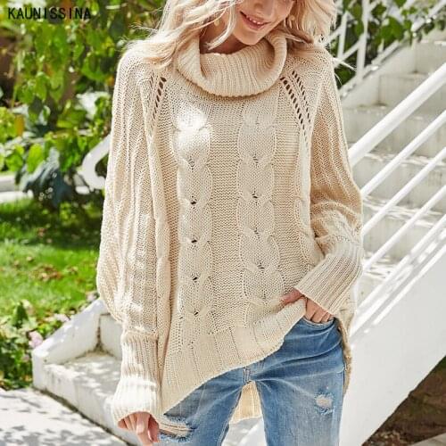 Knitted Hollow Out Sweater Women Long Batwing Sleeve Turtleneck Knitted Pullover Solid Loose High-necked Sweater Autumn Winter