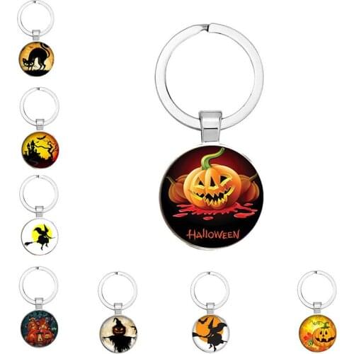 25mm Handmade Halloween Black Cat Keychain Glass Skull Bat Moon Image Cabochon Keyring Keychain Jewelry DIY Party Gift