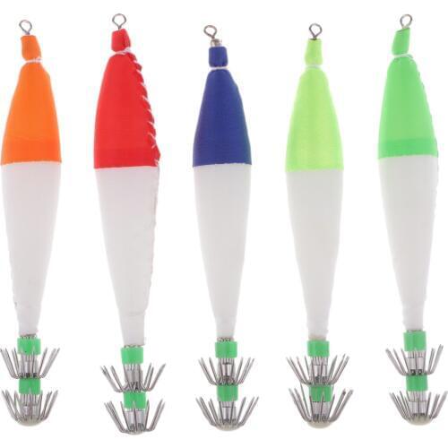5pcs Night Light Hard Fishing Lures Squid Bait Jig Hook Luminous Squid Jigs Hook 5 Color