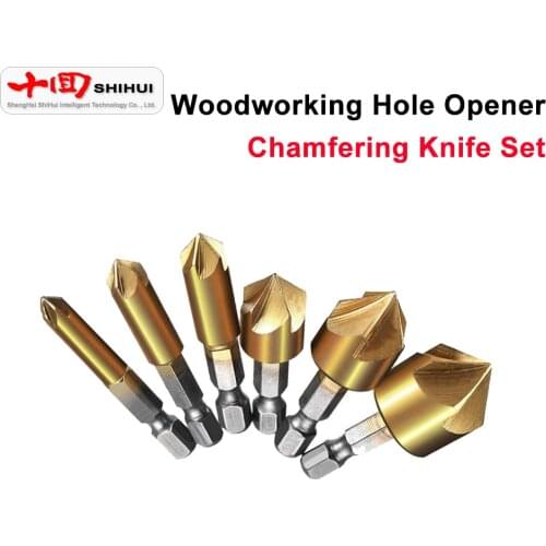 6-19mm Woodworking Chamfering Tool Set 6Pcs Hole Opener Hexagonal Handle Titanium Plated Five Edge Chamfering Tool