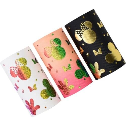 75mm Rainbow Gold Foil Mouse Head Bowknot Grosgrain Ribbon DIY Accessory 50yards Welcome Custom Printed