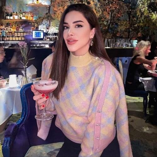 Ardm Fashion Pink Plaid O-Neck Pull Femme With Button Color Diamond Lattice Knitted Woman Sweaters Female Pullover Sweet Tops