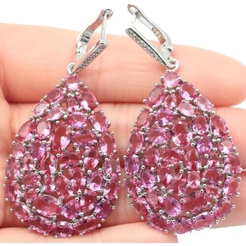 55x33mm Super Big European Design 19g Created Pink Tourmaline Peridot Dating Wedding Silver Earrings