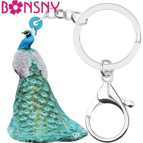 Bonsny Acrylic Elegant Green Peafowl Peacock Keychains Keyring Bird Animal Key Chain Jewelry For Women Teen Bag Wallet Accessory