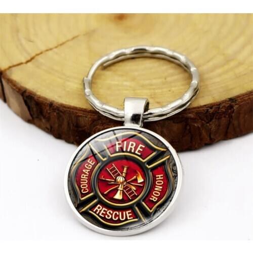 Rescue Firefighter Keychain Glass Cabochon Fireman Jewelry Accessories Firefighter Symbol Metal Keychain Rings Keyholder