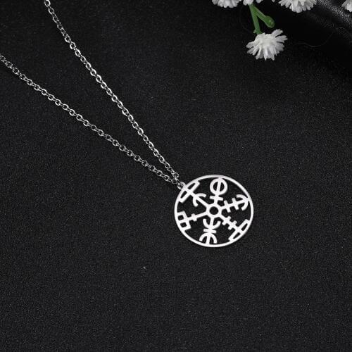Skyrim Viking Compass Flower of Life Amulet Pendant Necklace Women Stainless Steel Chain Necklaces Religious Round Charm Jewelry