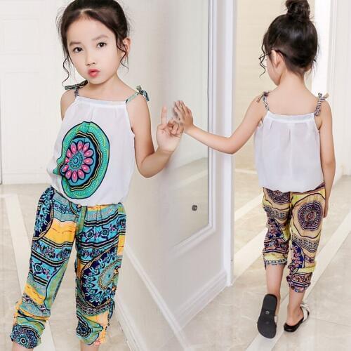 Childrens clothing 2019 new girls summer chiffon clothes sets kids flower print personality suits baby child casual sports set