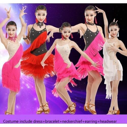 Children Modern Dance Dress Paillette Girls Latin Dance Dress for Compeititon Kids Tassel Ballroom Dance Dresses Dance Costume 9