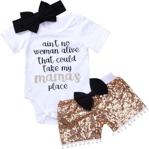 3pcs Newborn Baby Girls Boy 2019 Romper Short Sleeves Mama Bow Gold Shorts Sequins Summer Outfits Clothes Summer Set