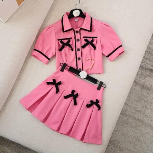 Korean Elegant Sweet 2 Piece Set Women Puff Sleeve Shirt Blouse Crop Top + Pleated Skirt Suits Small Fragrance Two Piece Sets