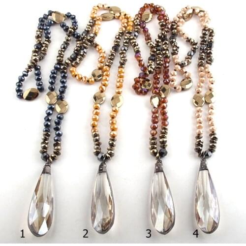 Fashion Bohemian Tribal Jewelry Crystal / Hematite Long Knotted Long Glass Drop Pendant Necklaces For Women