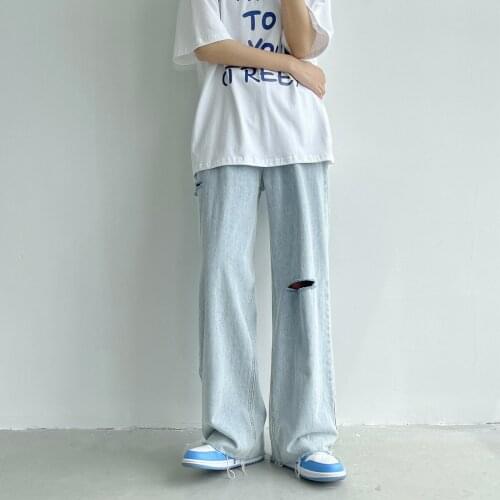 Fashion Mens Jeans Wide leg Pants Slim Ripped Hole Summer Pants Homme Hip Hop Men Punk Pant Trousers For Boyfriend Child 2021