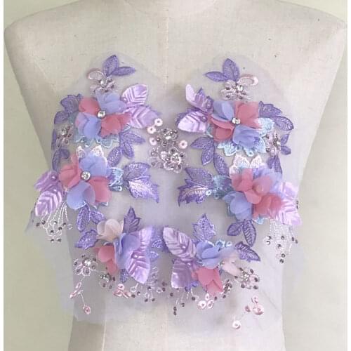 1Pcs Pink Embroidery Patch Sew On 3D Chiffon Flower Applique Beaded African Lace Dress Clothes Decor Floral Patches Costume DIY