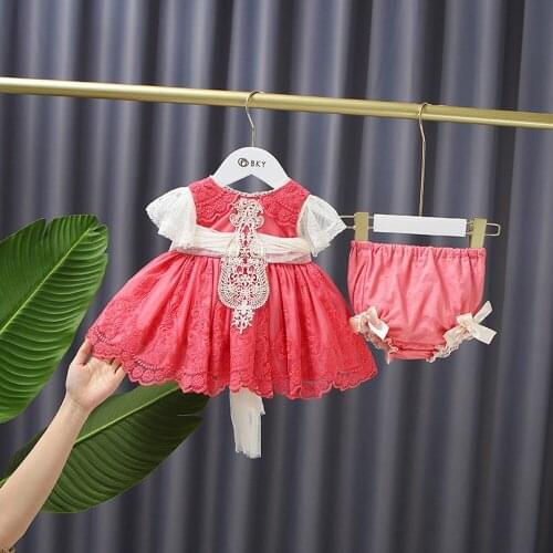 New Autumn Girls Kids Lolita Princess Lace Dress Clothes Set Bow Children Baby Infants Vintage Red Dresses+PP Short Pant S12631