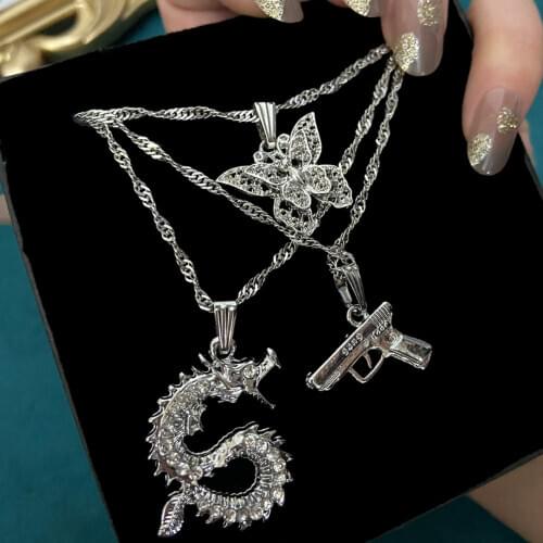 JUST FEEL Silver Color Dragon Crystal Pendant Necklace for Women Multilayer Butterfly Pistol Letter Choker Necklace Punk Jewelry