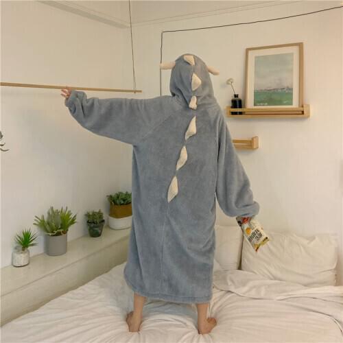 Cute Cartoons Dinosaur Coral fleece Pajamas Autumn and Winter Robes Thickened Plus Velvet Long Fashion Home Service Two-piece