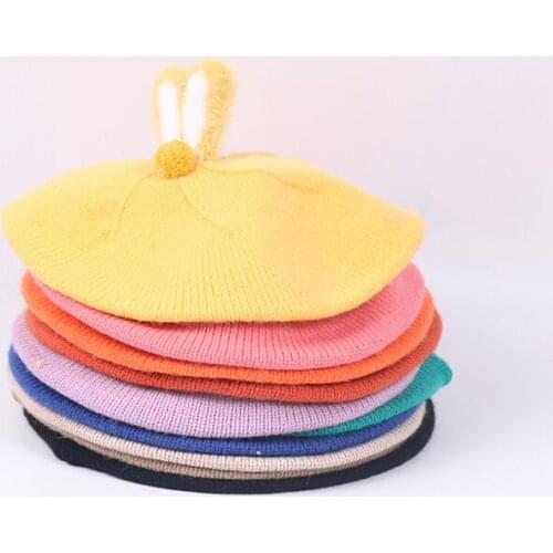 10 Colors New Baby Knitted Beret Hat Solid Color Children Warm Cute Rabbit Hats Autumn Winter Painter Cap For Girls Kids Bonnet