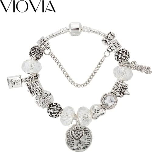 VIOVIA European LOVE Castle Fashion Charms Bracelet Bangle For Women Crystal Flower Beads Fit Brand Bracelets B17001