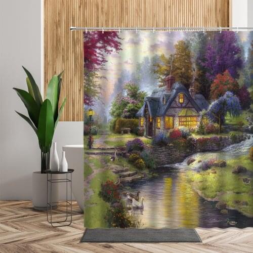 Small Creek Wooden House Landscape Oil Painting Bathroom Shower Curtain Restaurant Decorative Painting Waterproof Bath Curtains