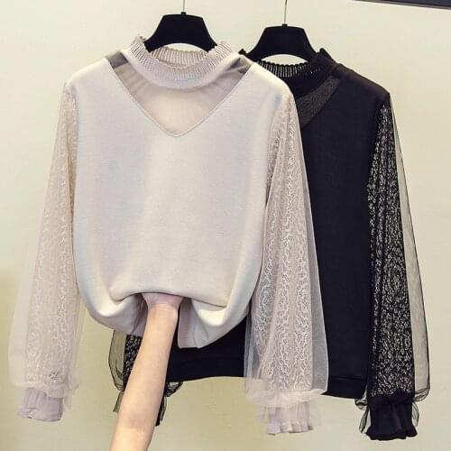 Womens Spring Autumn Pullover Sweater Fashion Mesh Splicing Sweater Female Casual Long-sleeved Round Neck Knitting Sweater
