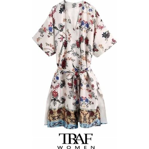 TRAF Za Women Fashion With Belt Printed Kimono Blouses Vintage Three Quarter Sleeve Side Vents Female Shirts Chic Tops