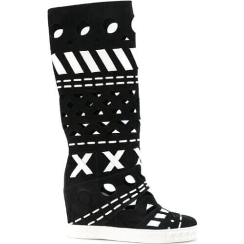 Dipsloot Woman Black White Hollow Out Height Increasing Knee High Boots Patchwork Cuts Out Round Toe Slip On Suede Long Boots