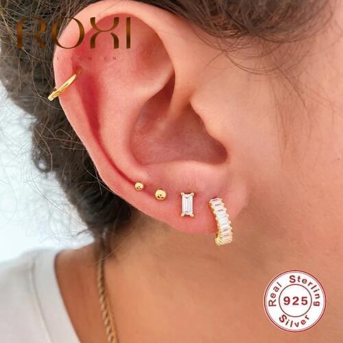 ROXI Luxury Rectangular Zircon Pentagram 925 Sterling Silver Hoop Earrings for Women Girl Vintage Round Charming Earring Jewelry