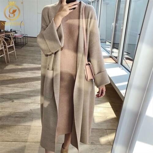 SMTHMA New 2020 Autumn Winter Womens Loose Sweaters Korean Chic Style Casual Long Cashmere Knitted Cardigans Coat