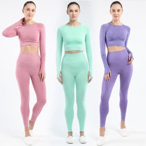 Women 2pcs Seamless Yoga Set Sport Suit Gymwear Fitness Workout Clothes High Waist Leggings Long Sleeve Gym Crop Top SportsWear