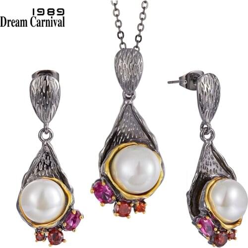 Dreamcarnival1989 Feminine Necklace & Earrings Set for Women New Gothic Pearl Flower Party Must Have Zirconia Jewelry EP3986S2