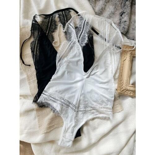 Wriufred Ladies Underwear Ultra-thin Bra Sexy Lace Sling One-piece Transparent Deep V Beautiful Back Home Dating Lingerie