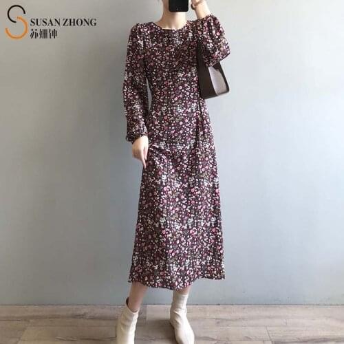 Women Dress Female One-Piece 2021 Spring Summer New Elegant Romantic Fit Flare Chiffon Lantern Sleeve Zipper Belt Flower Floral