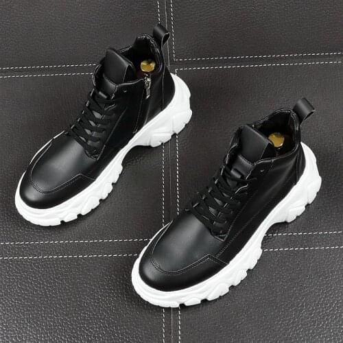 Korean style mens boots casual black white shoes handsome high top platform boot streetwear trend genuine leather ankle botas