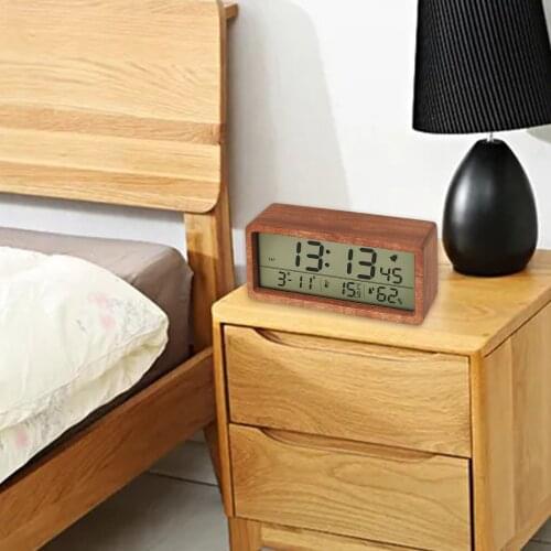 Wood Battery Powered Alarm Clock Humidity Temperature Week Time Display Snooze Mode Bedroom Bedside Kids Room Clocks