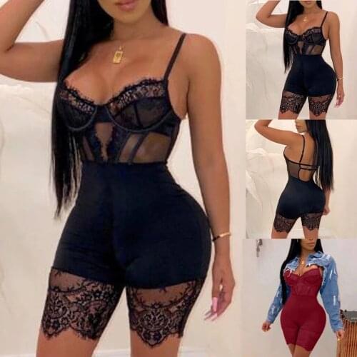 Black Bodysuits Sexy Bodycon Fashion Club Party Jumpsuit Overalls Mesh Transparent Bodysuit Lace Backless Jumpsuit