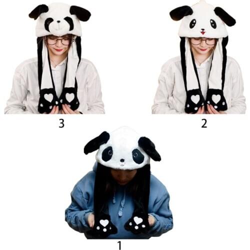 Children Adult Short Plush Cute 3D Cartoon Panda Animal Hat with Moving Ears Double Airbag Paws Warm Earflap Cap Toy Party Props