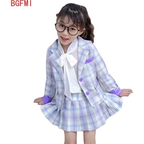 Teenager Girl Formal Plaid Clothes Set Jacket+Pleated Skirt 2 PCS Child Clothes Suit Outfit Autumn Spring Kids Uniform Clothes