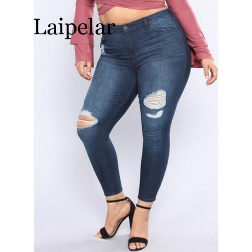 Laipelar Fashion High Waist Hole Jeans Woman Autumn Large Size 2XL-7XL Leisure Slim Elastic Waist Ladies Vintage Pants Women